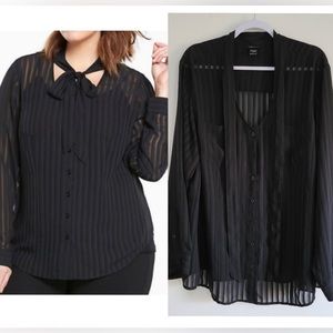 TORRID - Black Sheer Striped Long Sleeve Blouse w/ Neck Tie Sz2